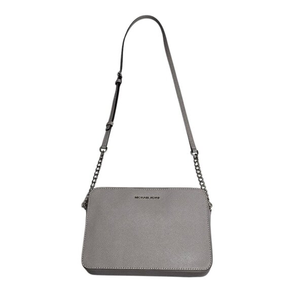 Michael Kors Bag Jet Set Large Saffiano Leather Crossbody Purse Pearl Grey EUC - Picture 1 of 12